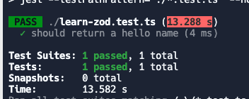 A green test case of function genereateHelloThere with Zod API